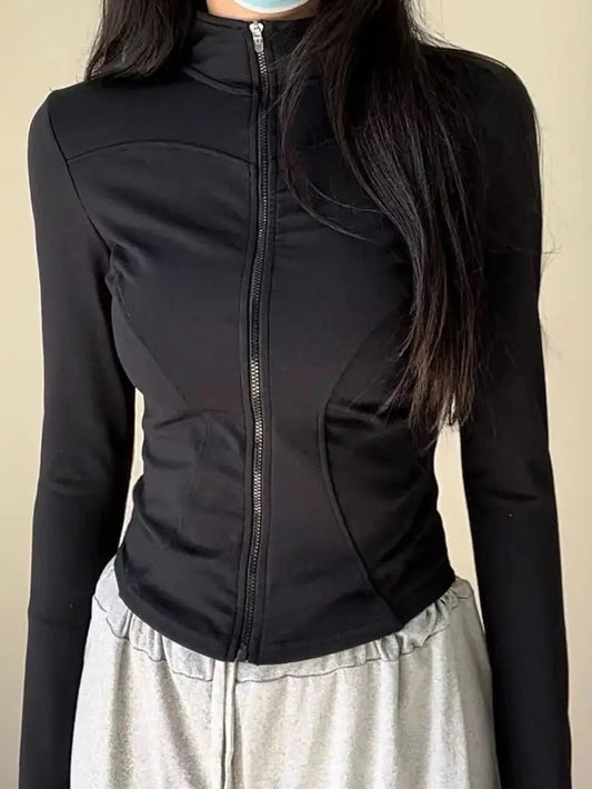 Women Zipper Slim slim fit light weight Jogging Gym style  Outwear high Collar Coat