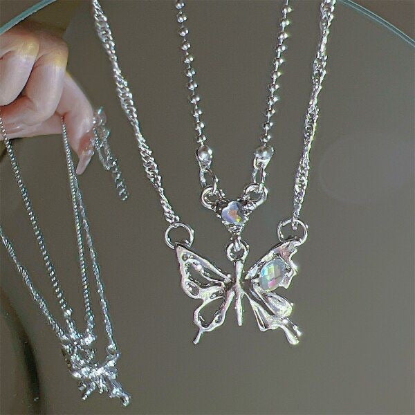 Chrome Sliver Butterfly double chain Necklace ￼