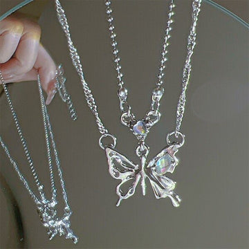 Chrome Sliver Butterfly double chain Necklace ￼