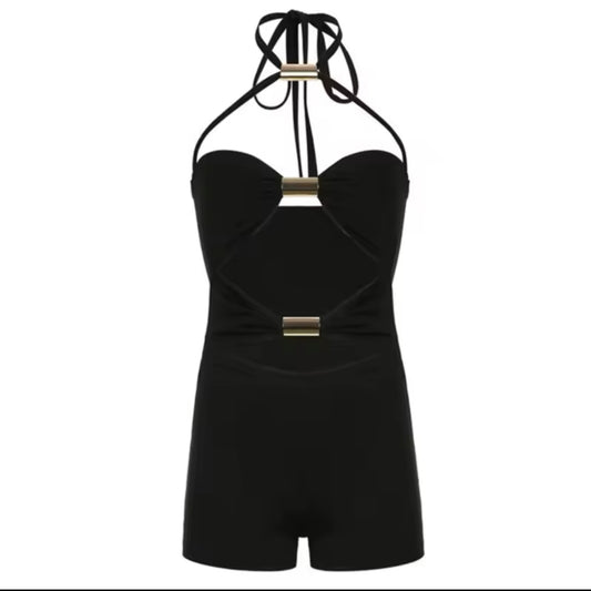 Women's Chic Black Playsuit with Metal Buckle - Sexy Halter Backless One-Piece Romper for Luxury Party, Bottle girl & Clubwear