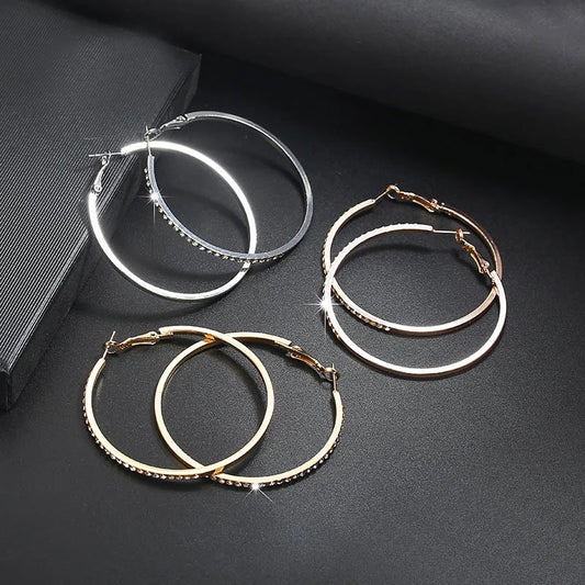 Silver / gold Rhinestone Hoop Earrings With Big Circle Earrings Simple Hoop Earrings