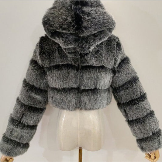 Winter High Quality Faux Fur Coat Women Thicken Warm Cropped Furry Hooded Jacket Female Fashion Fake Fur Outerwear