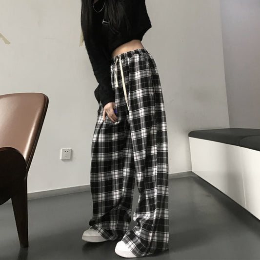 Autumn Black & White Comfy Plaid Pants Wide Leg