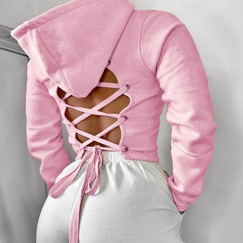 Black Hooded Sweatshirt Women Fall 2023 Long Sleeves Cross Bandage Bandage Halter Fashion Pink Hoodie Pullover Casual Top - POA