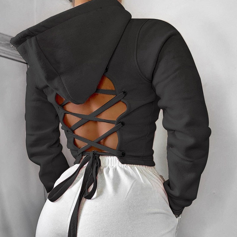 Black Hooded Sweatshirt Women Fall 2023 Long Sleeves Cross Bandage Bandage Halter Fashion Pink Hoodie Pullover Casual Top - POA