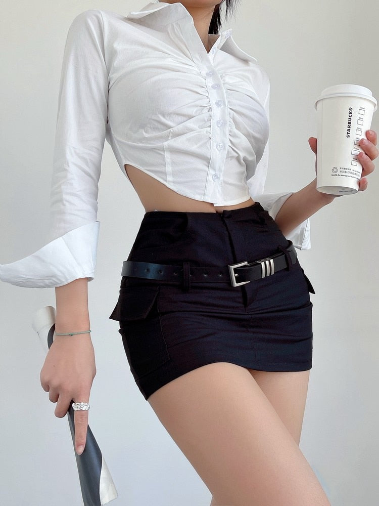 Black Mini Skirt Women Summer High Waist Slim Wrap Hip Belt A Line Skirt Shorts Elegant Korean Fashion Simple Casual Y2K - POA