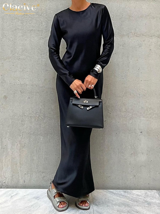 Clacive Casual Black Satin Women'S Dresses 2023 Elegant O-Neck Long Sleeve Ankle-Length Dress Fashion Simple Silky Female Dress - POA