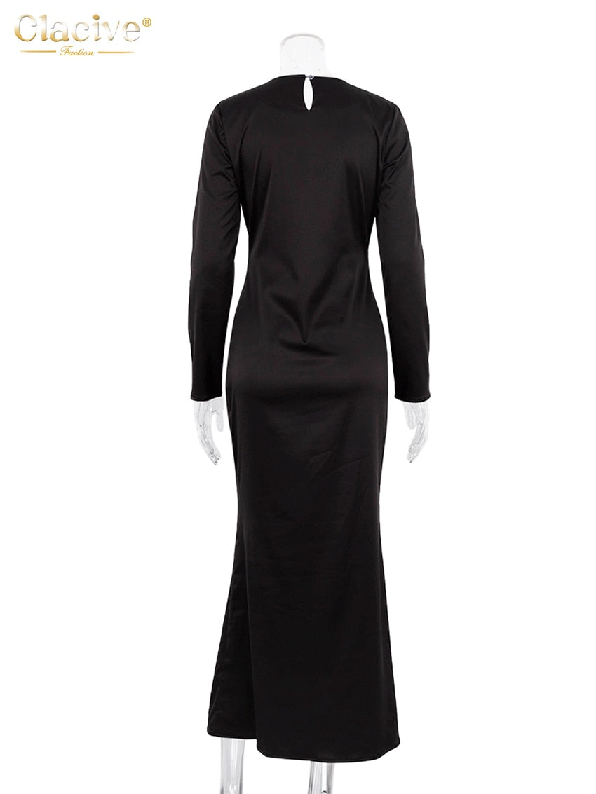 Clacive Casual Black Satin Women'S Dresses 2023 Elegant O-Neck Long Sleeve Ankle-Length Dress Fashion Simple Silky Female Dress - POA