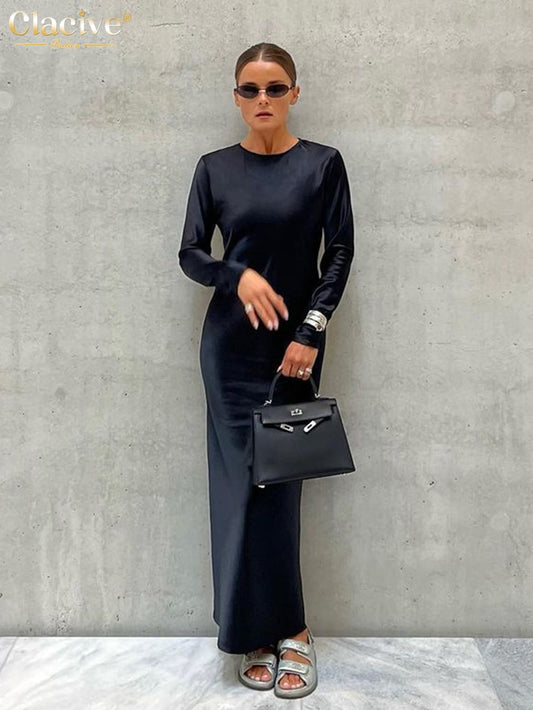 Clacive Casual Black Satin Women'S Dresses 2023 Elegant O-Neck Long Sleeve Ankle-Length Dress Fashion Simple Silky Female Dress - POA