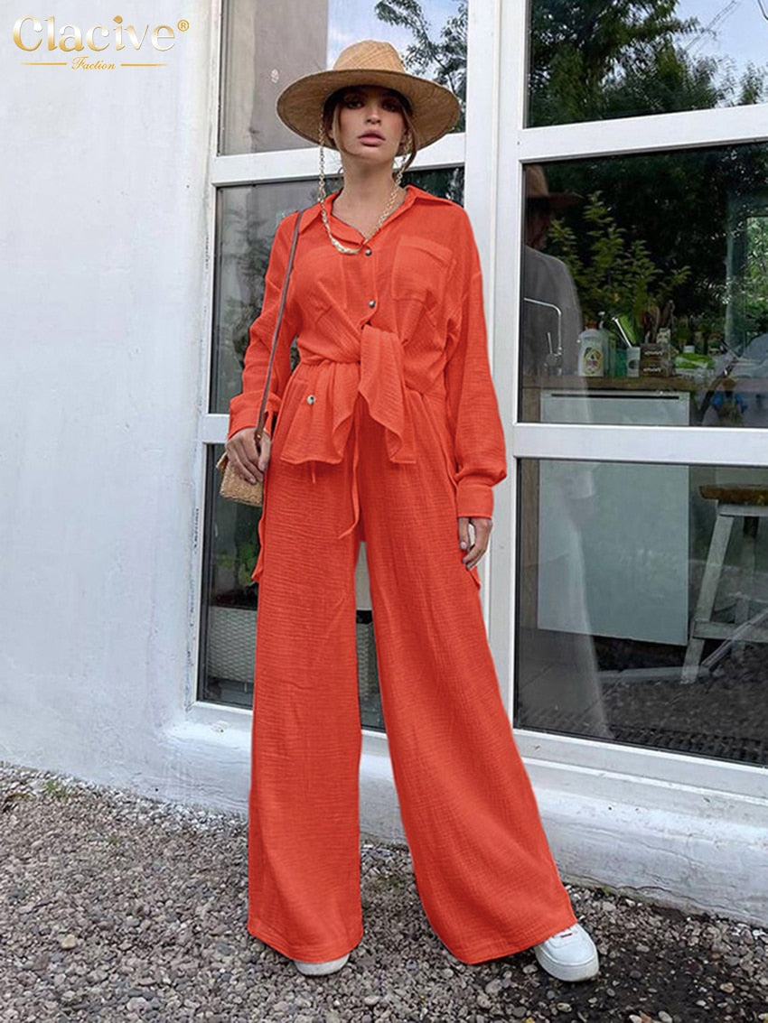 Clacive Casual Loose Pink Two Piece Pants Set Women Fashion Long Sleeve Blouses Matching Wide Trousers Suit Lace-Up Pant Sets - POA