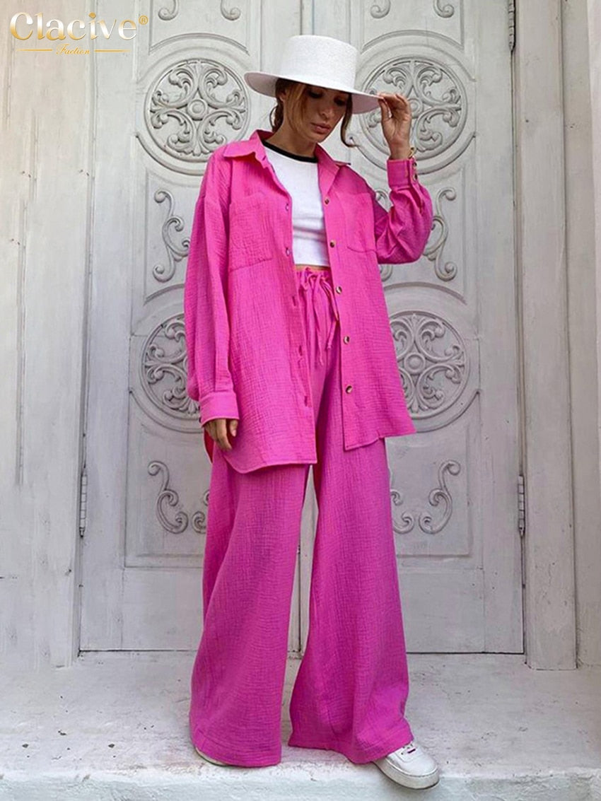 Clacive Casual Loose Pink Two Piece Pants Set Women Fashion Long Sleeve Blouses Matching Wide Trousers Suit Lace-Up Pant Sets - POA