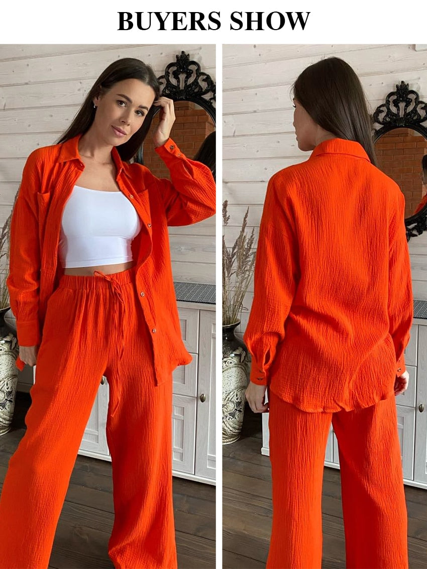 Clacive Casual Loose Pink Two Piece Pants Set Women Fashion Long Sleeve Blouses Matching Wide Trousers Suit Lace-Up Pant Sets - POA