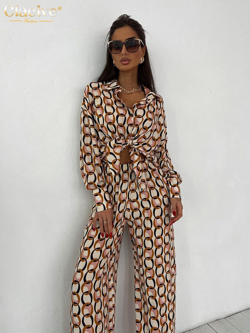 Clacive Fashion Loose Print 2 Piece Sets Women Outfit 2023 Elegant Long Sleeve Blouse With High Waist Wide Leg Pants Sets Female - POA