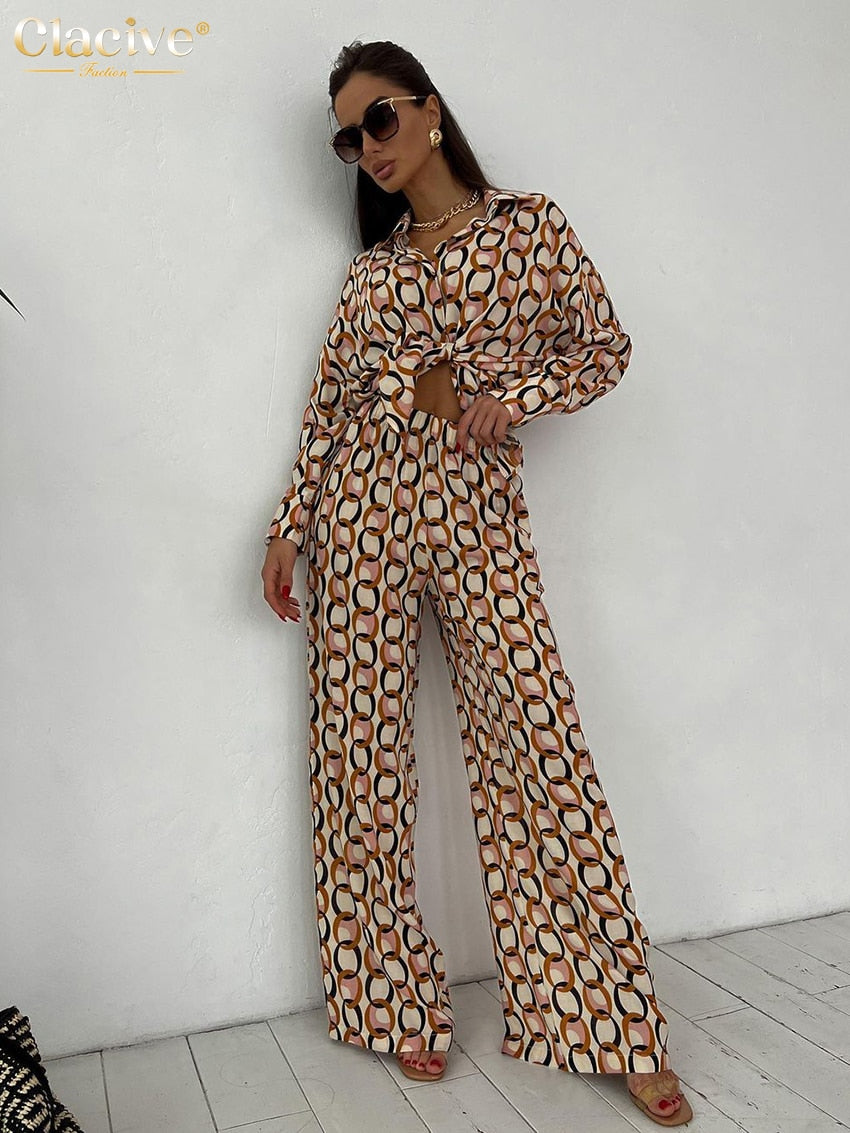 Clacive Fashion Loose Print 2 Piece Sets Women Outfit 2023 Elegant Long Sleeve Blouse With High Waist Wide Leg Pants Sets Female - POA