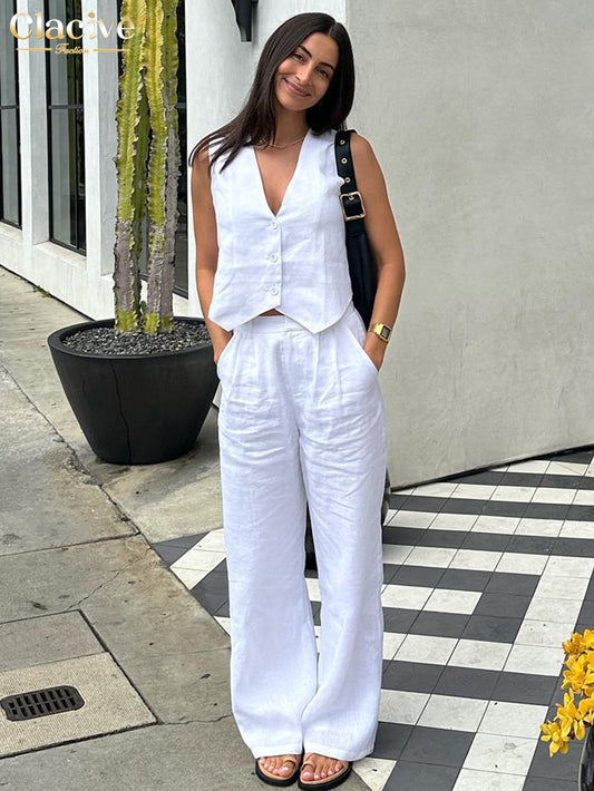 Clacive Summer White Linen Two Piece Set For Women 2023 Fashion Sleeveless Tank Top New In Matching High Waist Wide Pants Set - POA