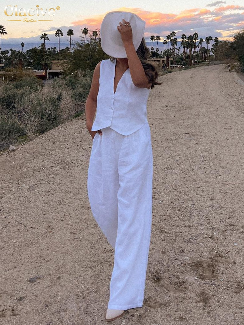 Clacive Summer White Linen Two Piece Set For Women 2023 Fashion Sleeveless Tank Top New In Matching High Waist Wide Pants Set - POA