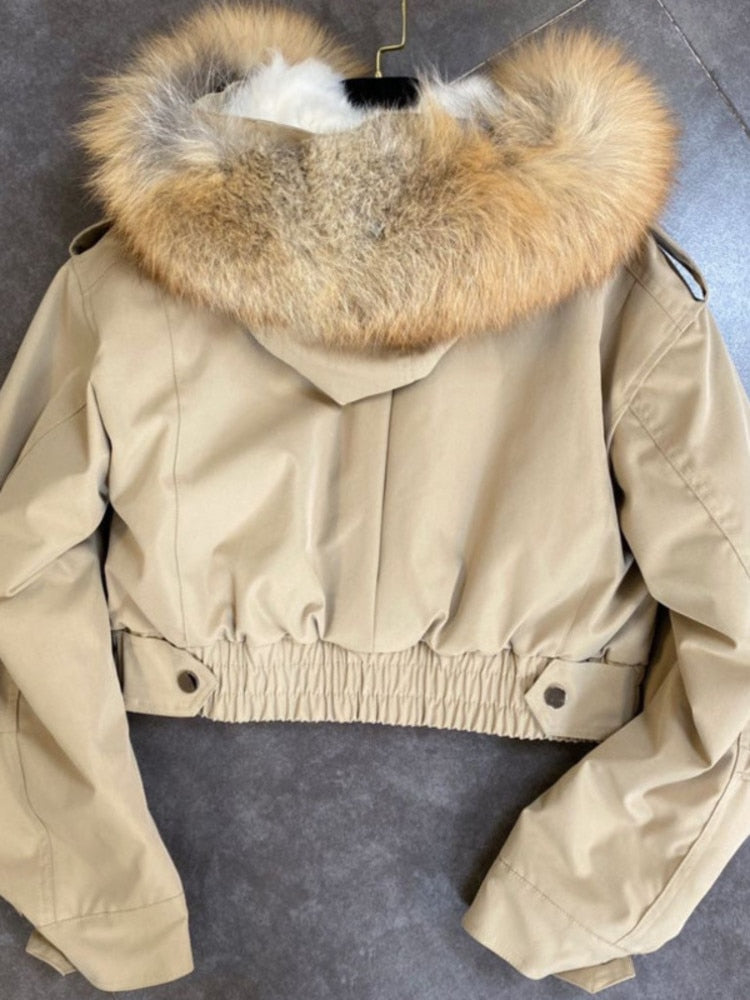 DEAT 2023 Balck Winter Women New Fur Collar Liner Real Rabbit Hair Multi Pocket Short Jacket Cotton Hooded Casual Coat RC235 - POA