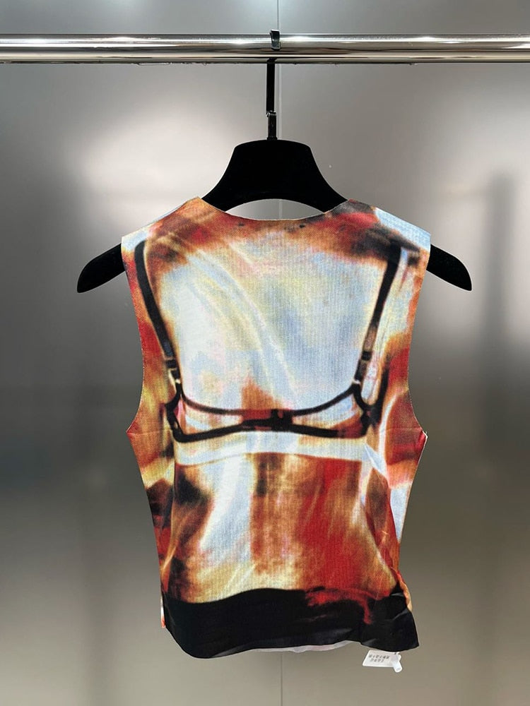 DEAT Tie Dye Print Pattern Personality Elastic Pleated Vest Women's Sleeveless Slim Streetwear Tops Female 2023 Summer 11XX3188 - POA