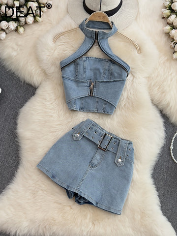 DEAT Women Halter Backless Sexy Denim Top Hig Waist Shorts New Two Piece Set Temperament Fashion Spring Summer 2023 11D10231 - POA