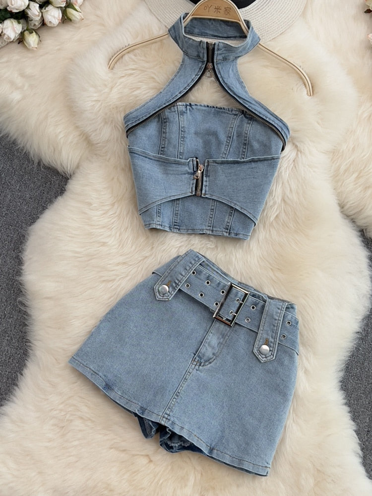 DEAT Women Halter Backless Sexy Denim Top Hig Waist Shorts New Two Piece Set Temperament Fashion Spring Summer 2023 11D10231 - POA