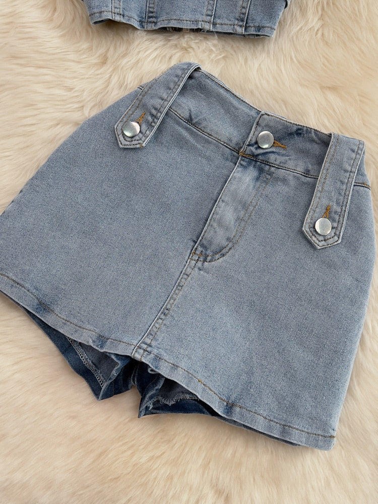 DEAT Women Halter Backless Sexy Denim Top Hig Waist Shorts New Two Piece Set Temperament Fashion Spring Summer 2023 11D10231 - POA