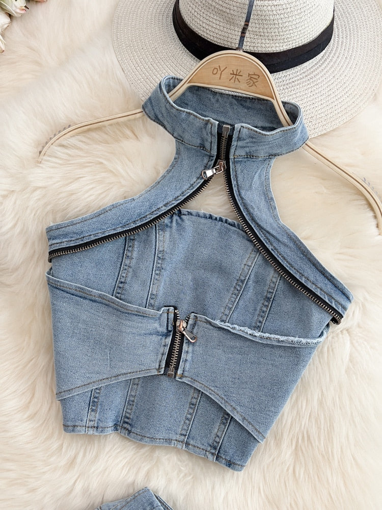 DEAT Women Halter Backless Sexy Denim Top Hig Waist Shorts New Two Piece Set Temperament Fashion Spring Summer 2023 11D10231 - POA