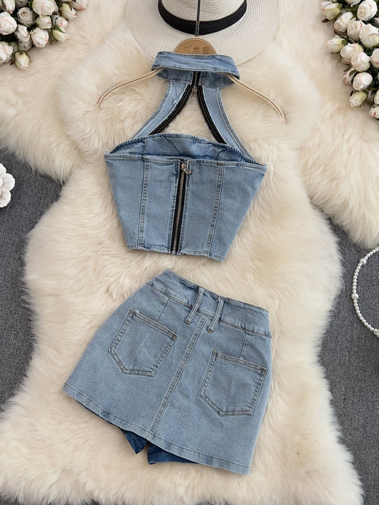 DEAT Women Halter Backless Sexy Denim Top Hig Waist Shorts New Two Piece Set Temperament Fashion Spring Summer 2023 11D10231 - POA