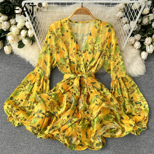 DEAT Women Print Party Beach Dress V-Neck Long Sleeve New Arrivals Lady Sexy Fashion Temperament Spring Spring 2023 11D9749 - POA