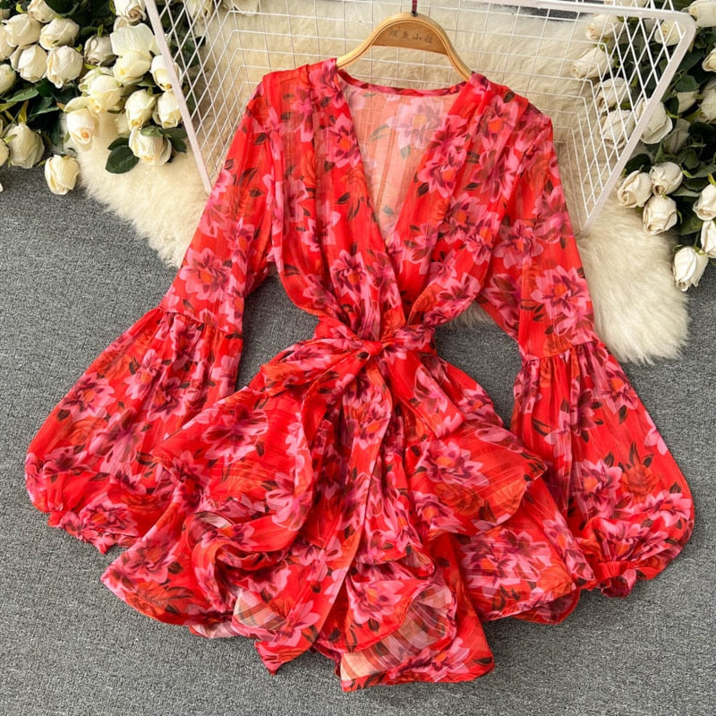 DEAT Women Print Party Beach Dress V-Neck Long Sleeve New Arrivals Lady Sexy Fashion Temperament Spring Spring 2023 11D9749 - POA