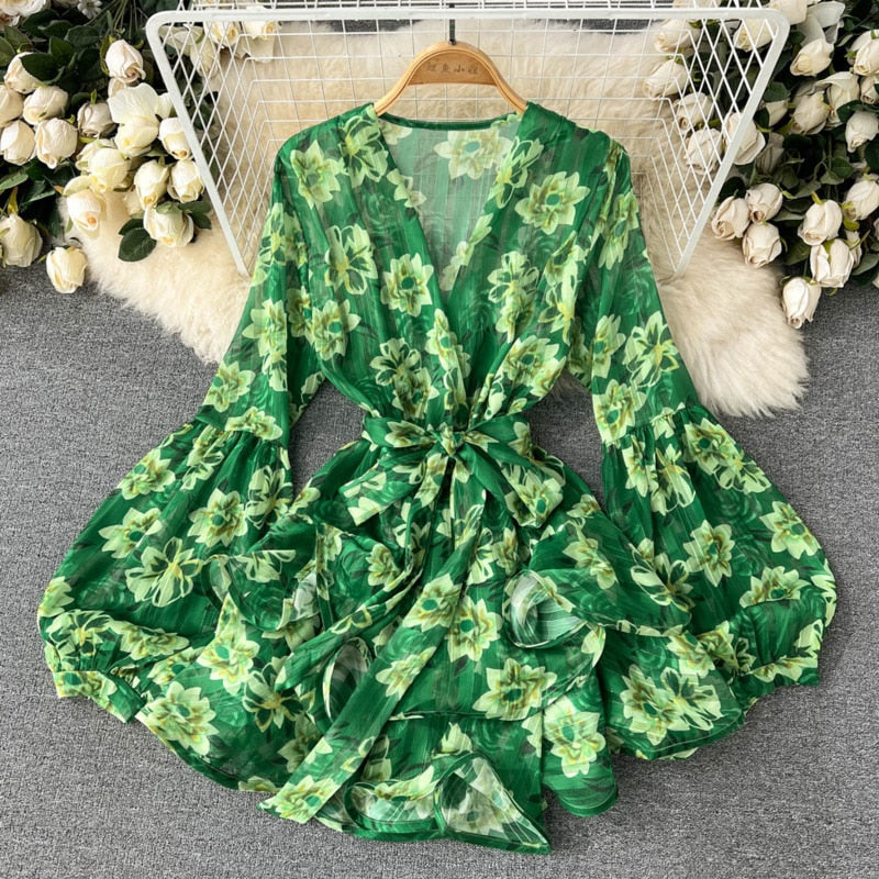 DEAT Women Print Party Beach Dress V-Neck Long Sleeve New Arrivals Lady Sexy Fashion Temperament Spring Spring 2023 11D9749 - POA