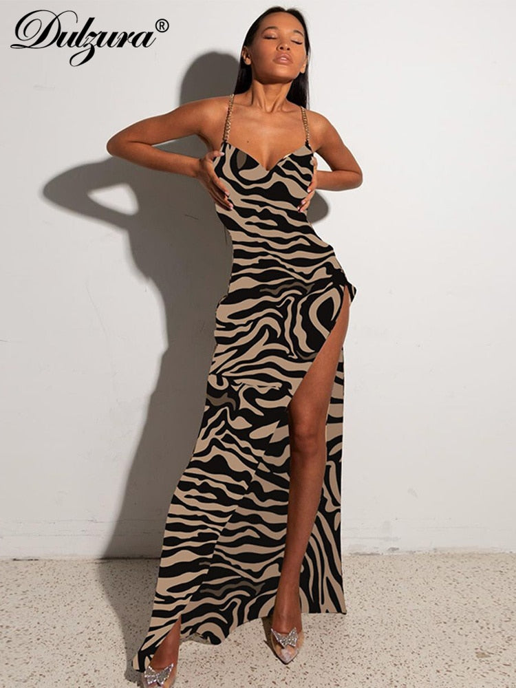 Dulzura Leopard Print Women Chain Strap Side Slit Maxi Dress Backless Bodycon Sexy Streetwear Festival 2023 Evening Elegant - POA