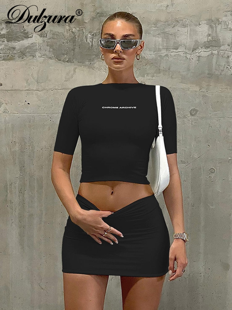 Dulzura Sexy Y2K Clothes 2 Piece Sets Letter Print Short Sleeve T Shirts High Waist Bodycon Mini Skirts Matching Outfits Sporty - POA