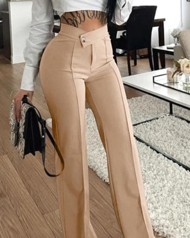 Plain khaki front creased  high waist office slacks - POA