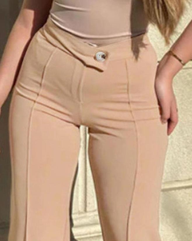 Plain khaki front creased  high waist office slacks - POA