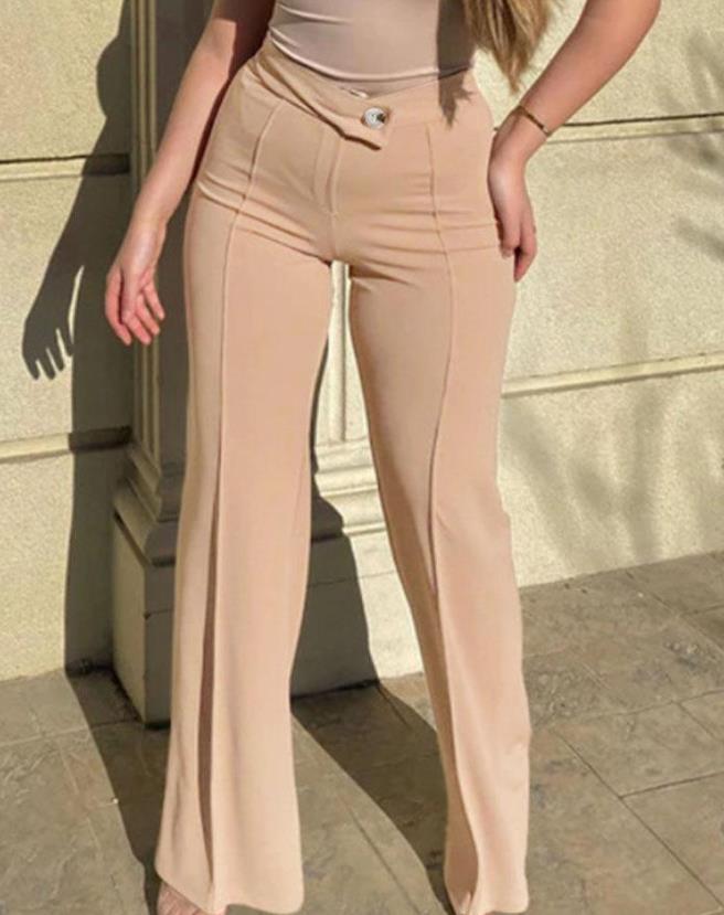 Plain khaki front creased  high waist office slacks - POA