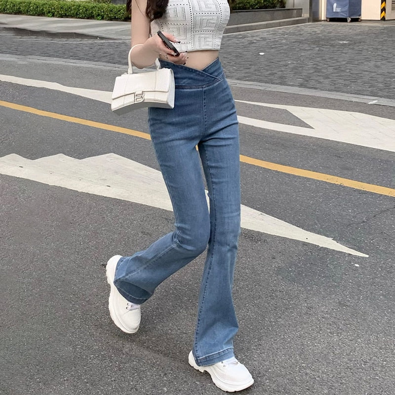 Flared Jeans Women Skinny Denim Pants Bottom Straight High Waist Stretch Female Flare Trouser Fashion High Waisted Mom Jeans - POA