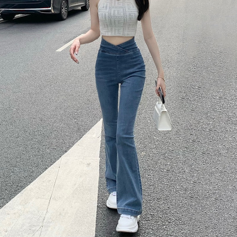 Flared Jeans Women Skinny Denim Pants Bottom Straight High Waist Stretch Female Flare Trouser Fashion High Waisted Mom Jeans - POA