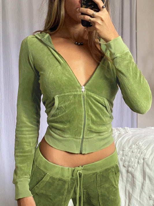 HEYounGIRL Casual Velvet Crop Top Winter Jacket Women Green Pink Zip Up Hoodies Coats Ladies Fashion Skinny Overcoat Streetwear - POA