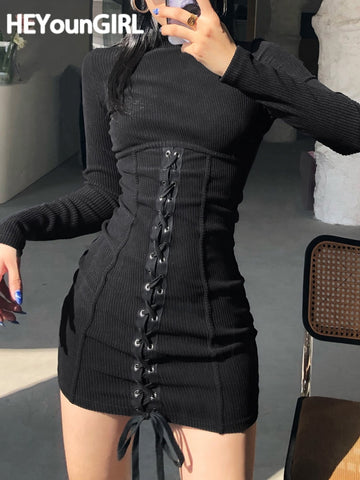 HEYounGIRL Tie Up Bandage Black Bodycon Dress Autumn Basic Long Sleeve Knitted Mini Dresses Ladies Skinny Casual Winter Fashion - POA