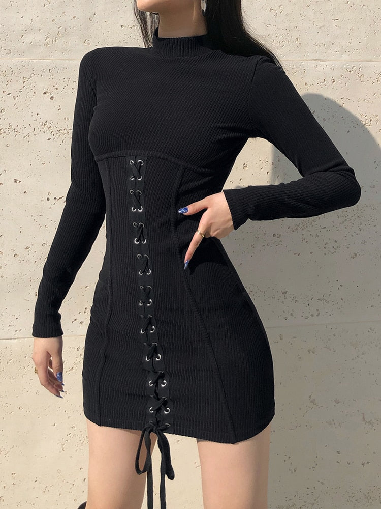 HEYounGIRL Tie Up Bandage Black Bodycon Dress Autumn Basic Long Sleeve Knitted Mini Dresses Ladies Skinny Casual Winter Fashion - POA