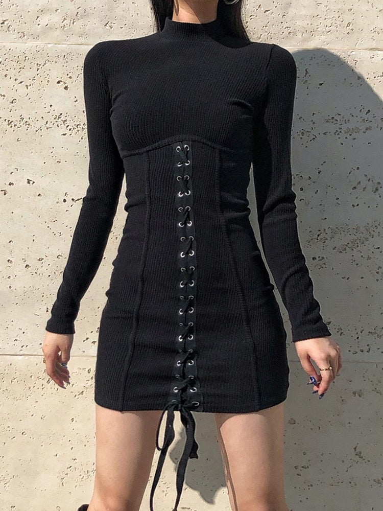 HEYounGIRL Tie Up Bandage Black Bodycon Dress Autumn Basic Long Sleeve Knitted Mini Dresses Ladies Skinny Casual Winter Fashion - POA