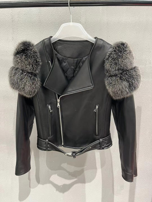 JUNE LIPS 2022 High Qualtiy Women Black Red Purple Orange Zipper  Real Fox Fur Real Leather Crop Short Jacket Women Wholesale - POA