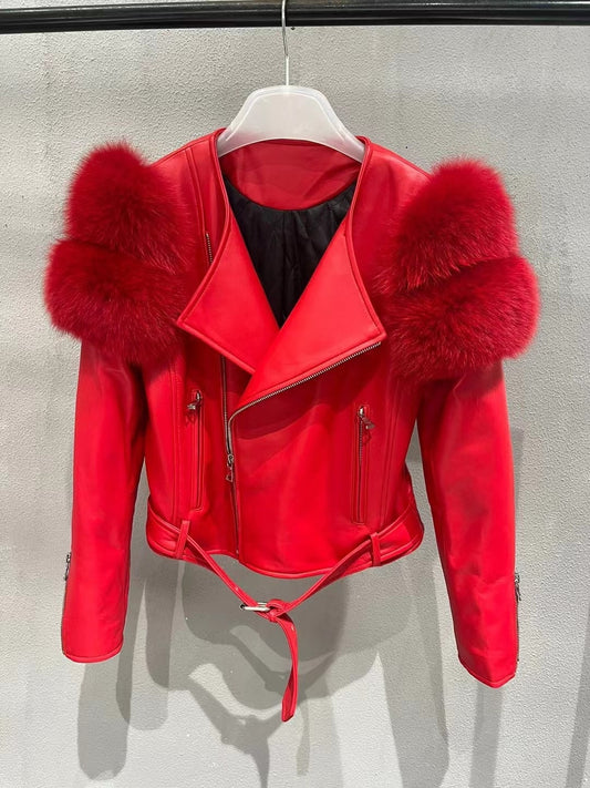 JUNE LIPS 2022 High Qualtiy Women Black Red Purple Orange Zipper  Real Fox Fur Real Leather Crop Short Jacket Women Wholesale - POA