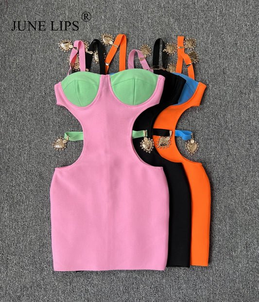 JUNE LIPS 2023 New Winter Women's Sexy Pink Black Orange Hollow Out Bandage Mini Dress Evening Celebrity Club Party Dress - POA