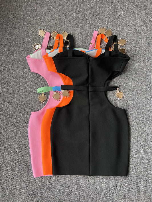 JUNE LIPS 2023 New Winter Women's Sexy Pink Black Orange Hollow Out Bandage Mini Dress Evening Celebrity Club Party Dress - POA