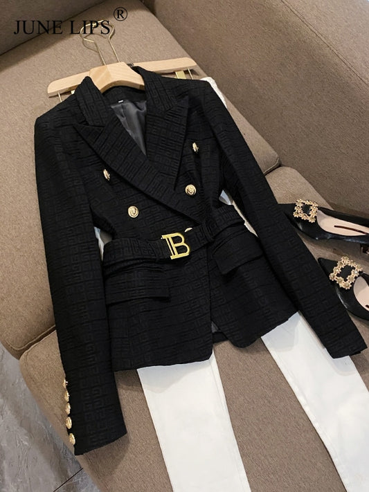 JUNE LIPS Tide Brand High-Quality Retro Fashion Designs Women Textured Blazer with Belt Chic Popular Quality Female Bodycon Coat - POA