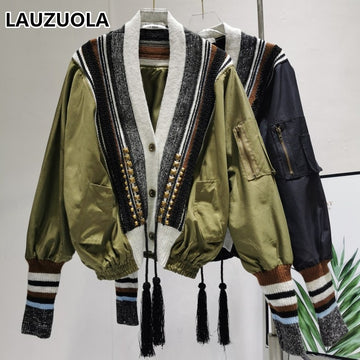 Korean Style Varsity Jacket New Autumn Winter Fashion Patchwork Striped Knitted V-Neck Tassel Drawstring Coat Outwear