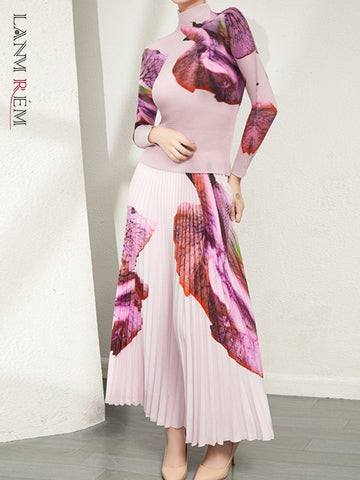 2 Pieces Skirt Set Women Printing Turtleneck Pleated T-shirt With Long Elastic Waist Skirts