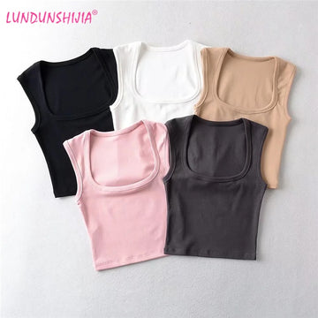 LUNDUNSHIJIA Fashion Square Neck Sleeveless Summer Crop Tops Women Casual Basic T Shirt Off Shoulder Cami Sexy Tank Top - POA