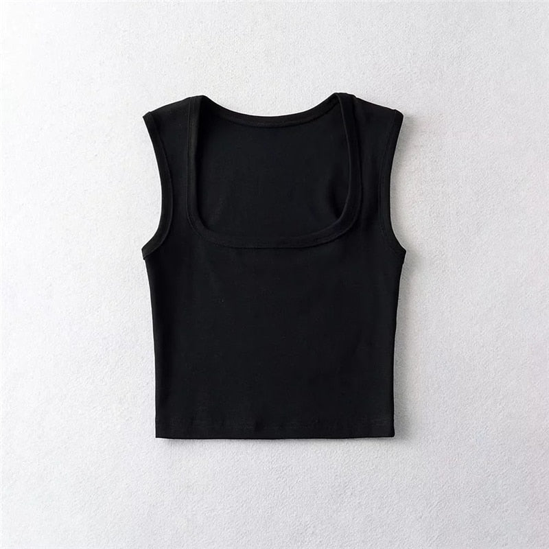 LUNDUNSHIJIA Fashion Square Neck Sleeveless Summer Crop Tops Women Casual Basic T Shirt Off Shoulder Cami Sexy Tank Top - POA